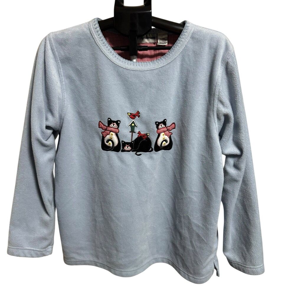 Cathy Daniels vintage embroidered cats Birds fleece sweatshirt size XL 90s